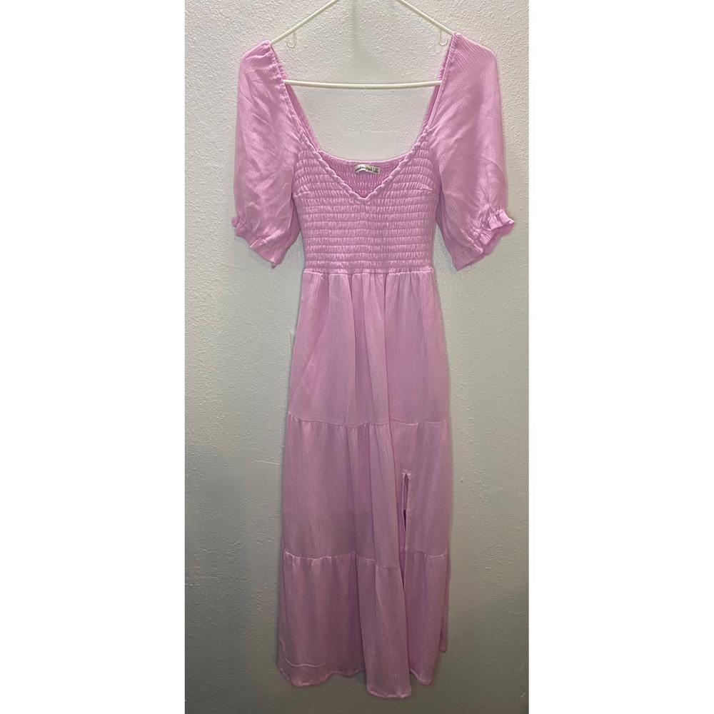 Abercrombie & Fitch Maxi Dress Women XS Pink  Smocked Puff Sleeve Slit Boho